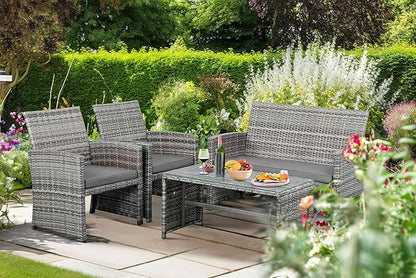 Shintenchi 4-Piece Outdoor Gray Wicker Patio Conversation Furniture Set, Rattan Patio Furniture Set with Weather Resistant Cushions and Tempered Glass Tabletop,Grey - LeafyLoom