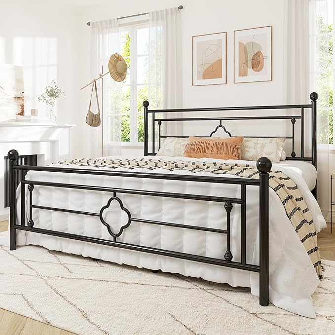 Allewie King Size Metal Platform Bed Frame with Victorian Vintage Headboard and Footboard/Mattress Foundation/Under Bed Storage/No Box Spring Needed/Noise-Free/Easy Assembly, Black - LeafyLoom