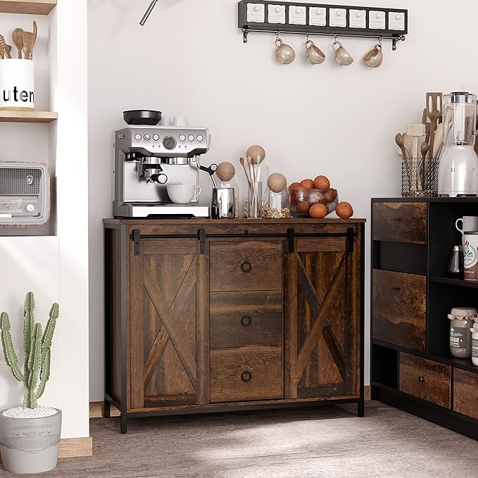 HOMCOM Industrial Farmhouse Buffet Cabinet, Kitchen Sideboard with Sliding Barn Doors, Three Drawers and Adjustable Shelves for Living Room, Rustic Brown - LeafyLoom