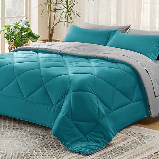 Bedsure Teal King Size Comforter Set - 7 Pieces Reversible King Bed in a Bag King Bed Set with Comforters, Sheets, Pillowcases & Shams, King Bedding Sets - LeafyLoom