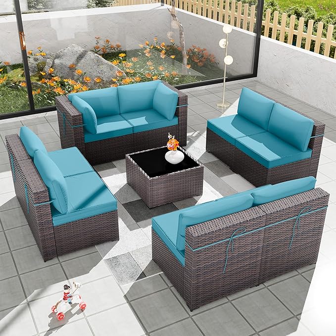 Patio Furniture Set 9-Pieces Outdoor Furniture for Backyard Wicker Sectional Sofa Set, Rattan Patio Conversation Set with Thickened Cushions and Glass Coffee Table, Turquoise - LeafyLoom