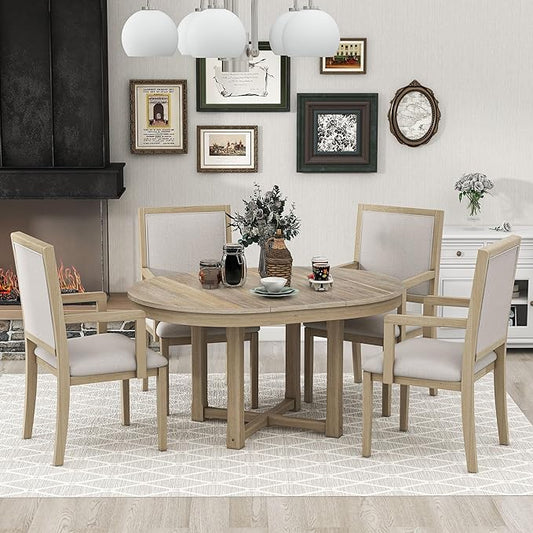 Farmhouse 5 Piece Dining Set, Included Round Extendable Wooden Table and 4 Upholstered Chairs, Retro Adjustable Dinette Furniture for Kitchen Living Room, Natural Wood Wash - LeafyLoom