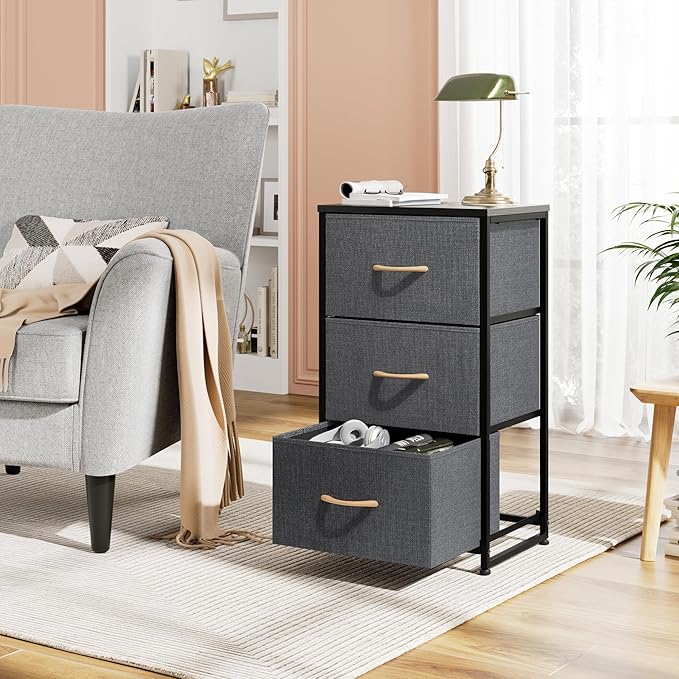 Nicehill Nightstand, Dresser with 3 Drawers, Bedside Table Chest of Drawers, Fabric Dresser for Bedroom, Kids' Room, Living Room, Closet, Small Dresser with Wooden Top Steel Frame, Modern, Dark Grey - LeafyLoom