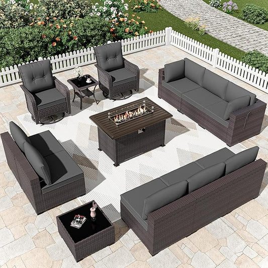 Patio Furniture Sectional Sofa Set 13-Pieces PE Rattan Swivel Rocking Chairs Patio Conversation Set w/43in Gas Fire Pit Table, Outdoor Furniture with 55000 BTU Propane Fire Pit, Grey - LeafyLoom