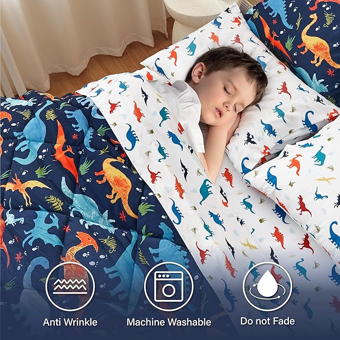 Kids Twin Dinosaur Bedding Comforter Set for Boys, 5 Pieces Twin Size Dinosaur Kids Bedding Set, Super Soft Lightweight Microfiber Comforter Set with Sheets for All Seasons - LeafyLoom