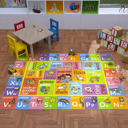 KC Cubs Classroom Rug, Kids Rug and Baby Play Mat ABC Alphabet with Old MacDonald Animals Educational Learning Non Slip Baby Girl & Boy Carpet Children Bedroom Toddler Playroom Floor Mat Nursery Rug - LeafyLoom