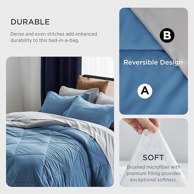 Bedsure Blue Comforter Set Queen - 7 Pieces Reversible Blue Bed in a Bag with Comforters, Sheets, Pillowcases & Shams, Queen Blue Bed Set - LeafyLoom