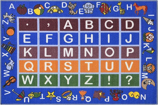 Machine Washable Educational Alphabet Design Non-Slip Rubberback 3x5 Kid's Area Rug for Playroom, Kid's Room, Bedroom, Kindergarten, 3'3" x 5', Blue - LeafyLoom