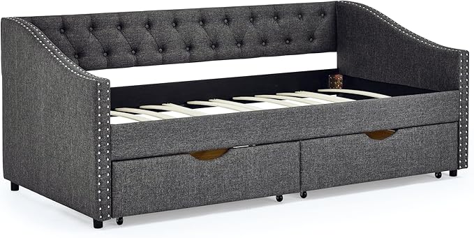 RITSU Twin Size Mid-Century Daybed, 2 Storage Drawers,Linen Button Upholstered Tufted Sofa Bed, Copper Nail on Waved Shape Arms, No Box Spring Needed,for Bedroom, Livingroom, Dark Grey, 81.50 - LeafyLoom