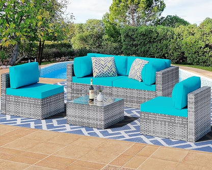 Shintenchi 5 Pieces Outdoor Patio Sectional Sofa Couch, Silver Gray PE Wicker Furniture Conversation Sets with Washable Cushions & Glass Coffee Table for Garden, Poolside, Backyard (Blue) - LeafyLoom