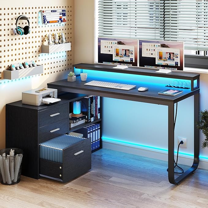 YITAHOME L Shaped Desk with Power Outlets & LED Lights & File Cabinet, 55" Corner Computer Desk with 3 Drawers and 2 Storage Shelves, Home Office Desk with Monitor Stand, Black - LeafyLoom