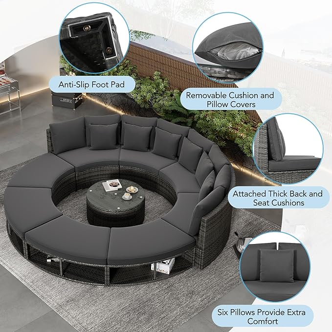 9-Pieces Outdoor Patio Furniture Set, Rattan Wicker Circular Sectional Sofa with Storage, Tempered Glass Table and 6 Pillows, Garden Lawn Half Moon Conversation Couch, Grey - LeafyLoom