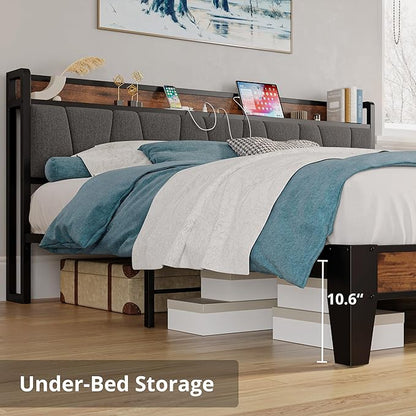 LIKIMIO California King Bed Frames, Storage Headboard with Charging Station, Solid and Stable, Noise Free, No Box Spring Needed, Easy Assembly - LeafyLoom