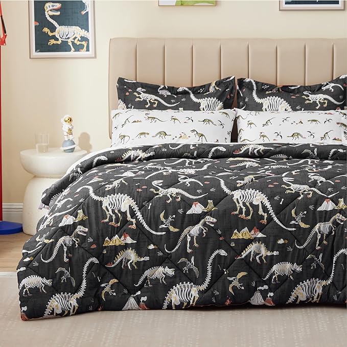 Dinosaur Twin Comforter for Boys,5 Pieces Kids Bedroom Bedding Set with Sheets and Pillowcase,Super Soft Lightweight for All Seasons,Grey,Machine Washable - LeafyLoom