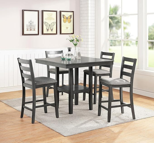 NicBex Small Dining Table Set for 4 Breakfast Nook Table Set Counter Height 5Pc Set Square Dining Table with Shelves Cushion Seat Ladder Back High Chairs Solid Wood, Grey - LeafyLoom