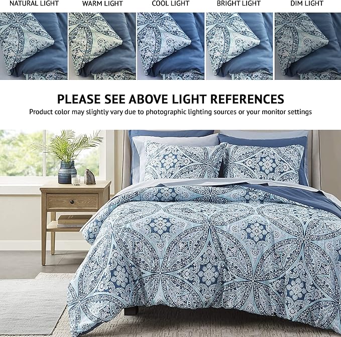 Comfort Spaces Bed in A Bag - Trendy Casual Design Cozy Comforter with Complete Sheet Set with Side Pocket, All Season Cover, Matching Shams, King(104"x90"), Gloria, Damask Blue 9 Piece - LeafyLoom