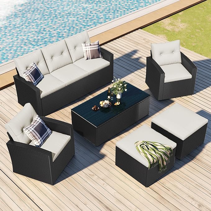 Merax 6 PCS Outdoor Patio Conversation Sets All-Weather PE Sectional Furniture with Coffee Table, Ottomans, Beige - LeafyLoom