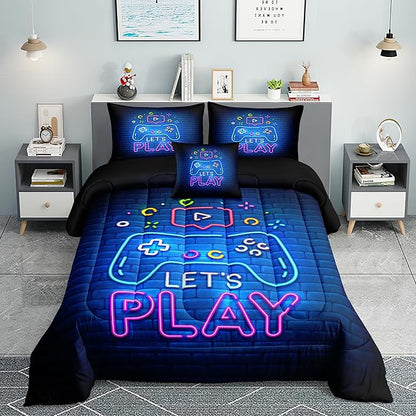 6 PCS Gamer Bedding Sets,Gaming Comforter Set for Boys,Kids Bedding Sets for Boys,Full Size Bedding Sets for Boys,Bed in A Bag with Sheets(Full,Blue Color) - LeafyLoom