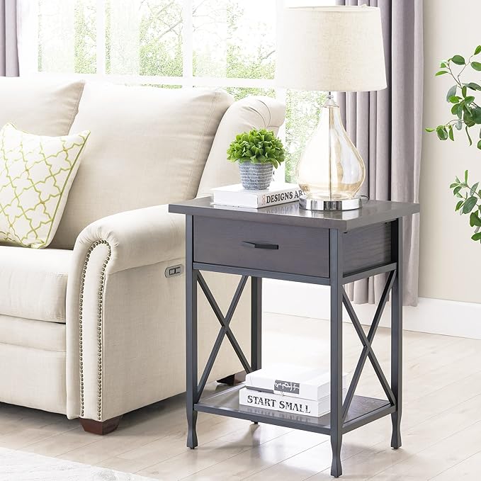 Leick Home 23022 Chisel & Forge One Drawer Nightstand with Shelf, Gray/Matte Black - LeafyLoom