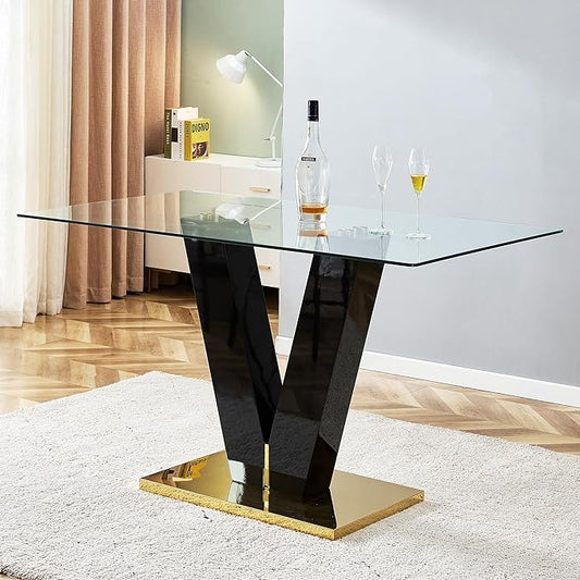 63.00" Modern Glass Table with Rectangular Tempered Tabletop,Dinner Desk Set for 6-8 People W, Home,Kitchen,Dining Room,Office,Black+Clear Finish, 63" V-Shape Bracket - LeafyLoom