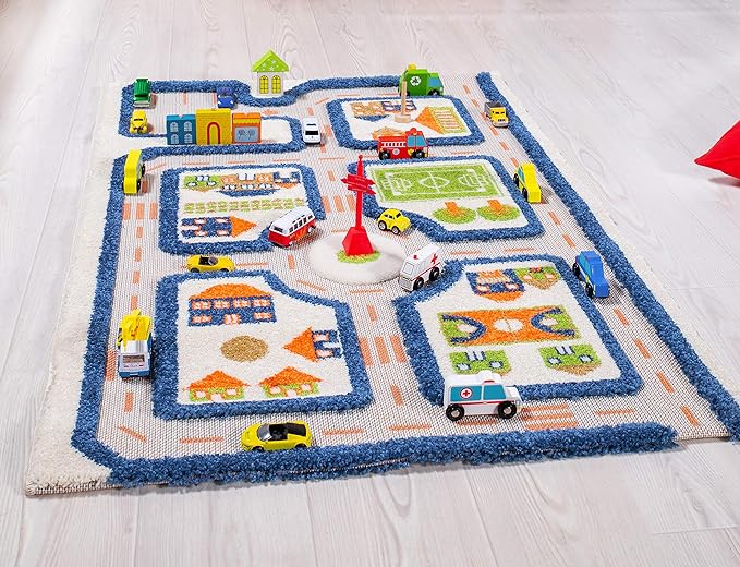 IVI Thick 3D Childrens Play Mat & Rug in A Colorful Town Design for Kids with Soccer Field, Car Park & Roads, Blue, 32 x 45 inches - LeafyLoom