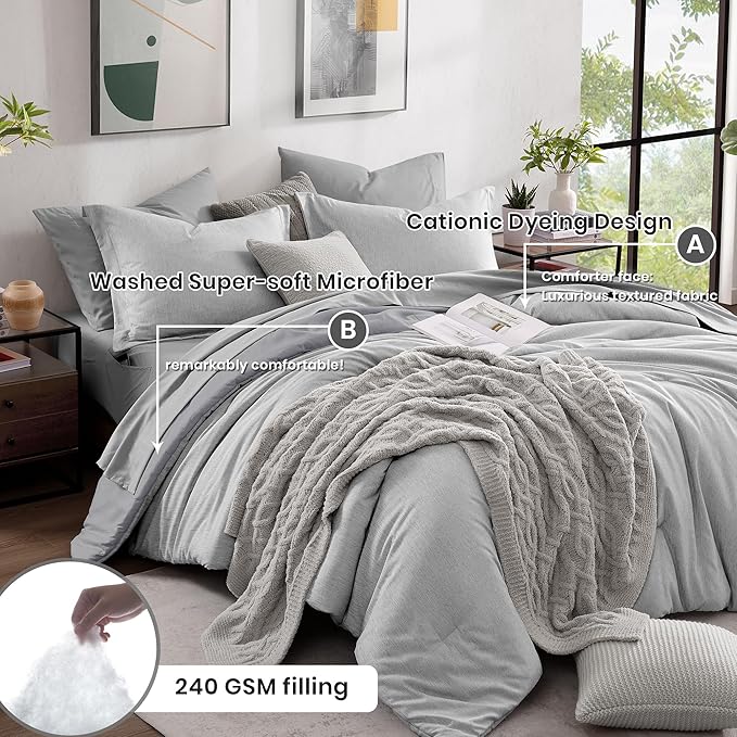 Monbix Full Size Comforter Set, Grey Bedding Comforter for Full Size Bed Set Reversible, Bedding Sets Full 7 Pieces, Cationic Dyeing Bed in a Bag with Comforter, Sheets, Pillowcases & Shams - LeafyLoom