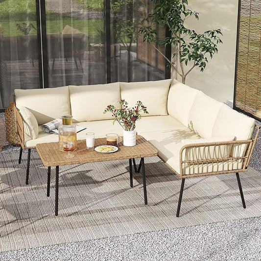 DWVO 4 Pieces Patio Furniture Set, Outdoor Rattan Woven Patio Conversation Set Sectional L-Shaped Sofa with 5 Seater for Backyard, Porch, Boho Detachable Lounger with Cushions and Side Table (Beige) - LeafyLoom