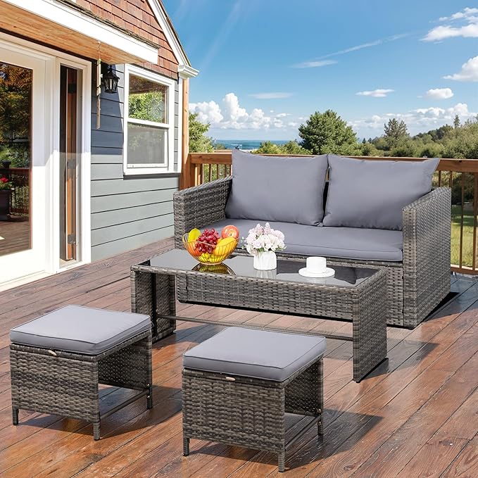 Shintenchi Patio Furniture 4 Pieces Wicker Patio Furniture Sets,Outdoor Wicker Conversation Set Rattan Sectional Sofa with Cushions&Coffee Table for Backyard Porch Garden Poolside Balcony,Gray - LeafyLoom