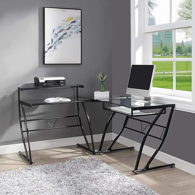 OSP Home Furnishings Constellation L Shaped Home Office Gaming Editing Desk, Black - LeafyLoom