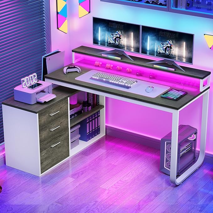 YITAHOME L Shaped Desk with Power Outlets & LED Lights & File Cabinet, 55" Corner Computer Desk with 3 Drawers & 2 Storage Shelves, Home Office Desk with Monitor Stand, White & Grey - LeafyLoom