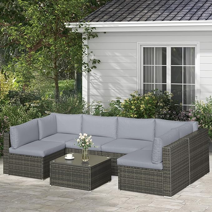 SUNVIVI OUTDOOR 7 Piece Patio Furniture Sets All Weather Gery PE Wicker Couch Sofa with Glass Table, Removable Grey Cushions - LeafyLoom