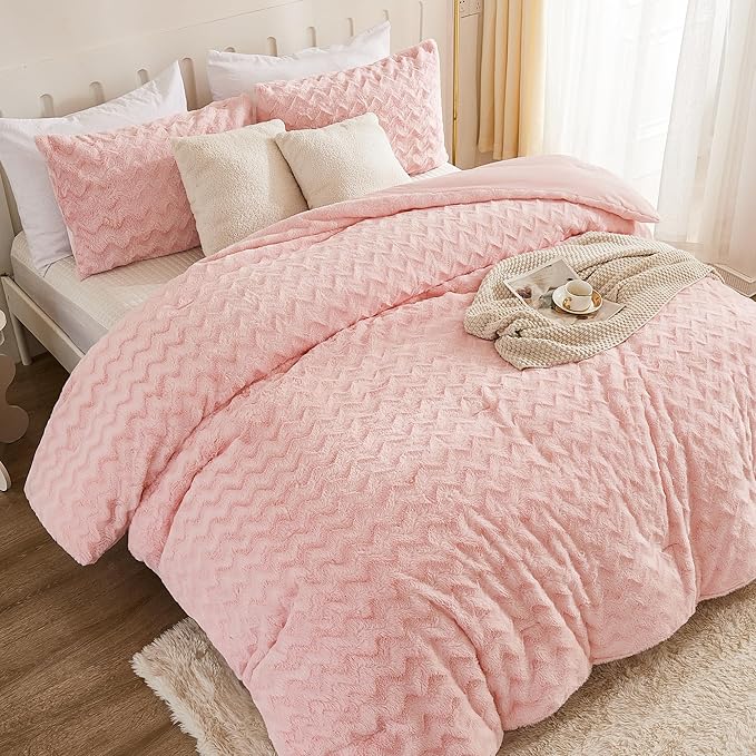 Andency Pink Fleece Comforter Set Queen Size, 3 Pieces Plush Shaggy Faux Fur Bed Comforter Set for Queen Bed, Fuzzy Fluffy Warm Bedding Set for Women Girls - LeafyLoom