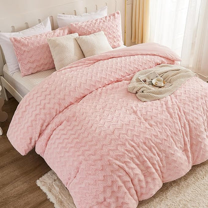 Andency Pink Fleece Comforter Set Queen Size, 3 Pieces Plush Shaggy Faux Fur Bed Comforter Set for Queen Bed, Fuzzy Fluffy Warm Bedding Set for Women Girls - LeafyLoom