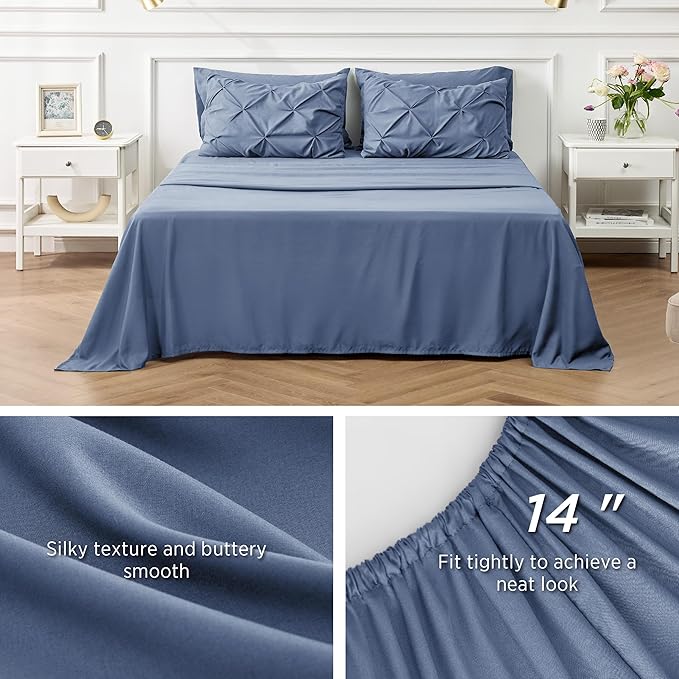 Bedsure Slate Blue King Size Comforter Set - Bedding Set King 7 Pieces, Pintuck Bed in a Bag Green Bed Set with Comforter, Sheets, Pillowcases & Shams - LeafyLoom