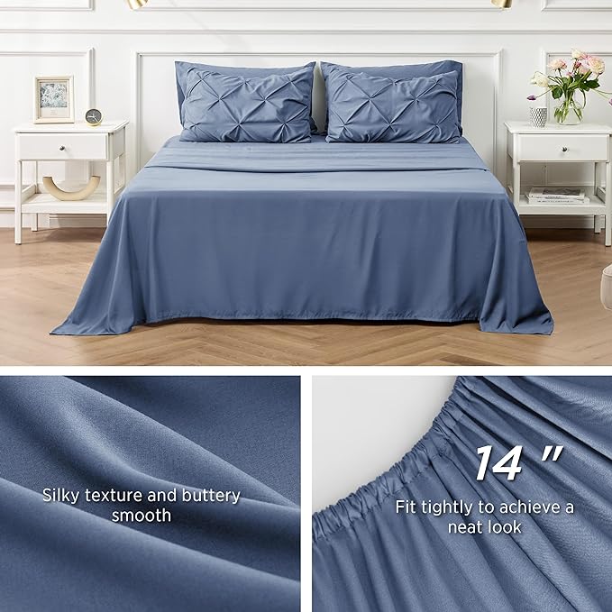 Bedsure Slate Blue King Size Comforter Set - Bedding Set King 7 Pieces, Pintuck Bed in a Bag Green Bed Set with Comforter, Sheets, Pillowcases & Shams - LeafyLoom