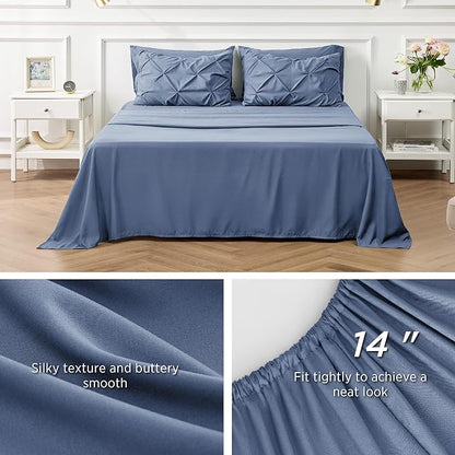 Bedsure Slate Blue King Size Comforter Set - Bedding Set King 7 Pieces, Pintuck Bed in a Bag Green Bed Set with Comforter, Sheets, Pillowcases & Shams - LeafyLoom