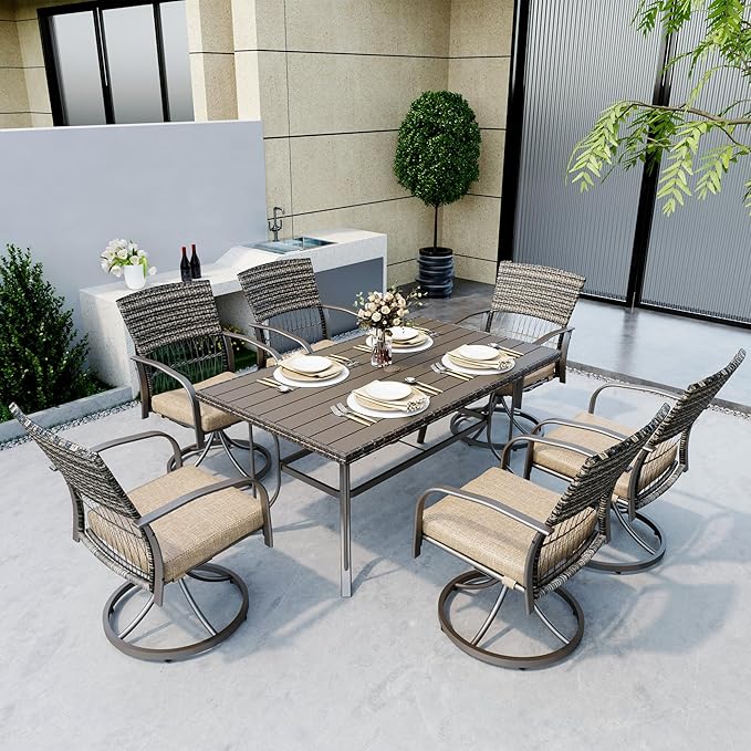 Pamapic 7 Piece Patio Dining Set for 6,Wicker Outdoor Furniture Set for Backyard Garden Deck Poolside with Iron Slats Table Top,6 Cushions Swivel Rocker Chairs,Removable Cushions(Beige) - LeafyLoom