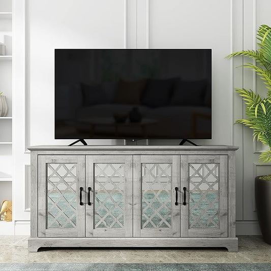 Galano Millicent TV Stand for 65+ Inch TV, Tall Entertainment Center with Mirror Doors, Rustic Media Console with Storage Shelves, Wood Television Stand for Living Room, Mexican Grey - LeafyLoom