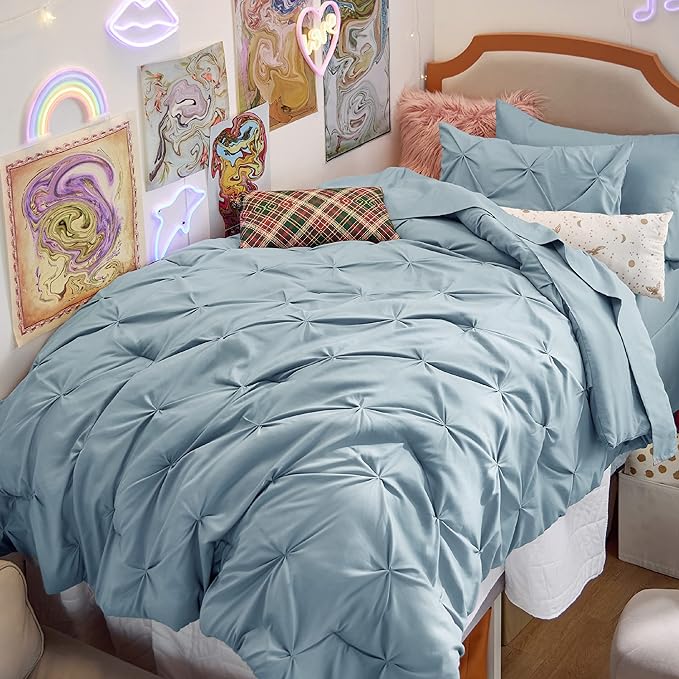 Bedsure Twin XL Comforter Set for Boys - Extra Long 5 Pieces Dorm Bedding Sets, Pinch Pleat Light Blue Bed in a Bag with Comforter, Sheets, Pillowcase & Sham - LeafyLoom