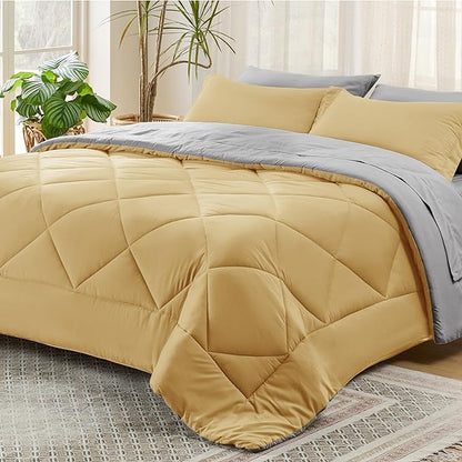 Bedsure Yellow King Size Comforter Set - 7 Pieces Reversible King Bed in a Bag King Bed Set with Comforters, Sheets, Pillowcases & Shams, King Bedding Sets - LeafyLoom