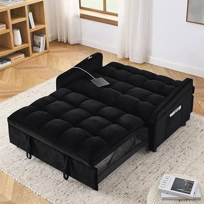 Tufted Convertible Futon Loveseat Pull Out Couch Bed 3 in 1 Velvet Upholstered Sleeper Sofa Recliner Love Seat Lounge Chaise Daybed with Adjustable Backrest Type C and USB Charging for Living Room - LeafyLoom