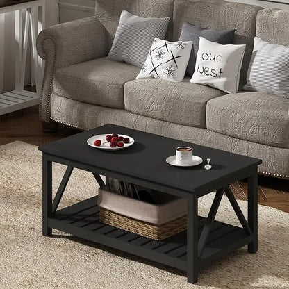 ChooChoo Coffee Table, Rustic Vintage Living Room Table with Shelf, 40 Pure Black - LeafyLoom