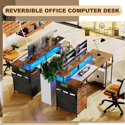 Computer Desk with 3 File Cabinet Drawers, 57.8'' Reversible Gaming Desk with LED Lights and Power Outlets, Office Desk with Storage Shelves for Home & Office (Rustic Brown) - LeafyLoom