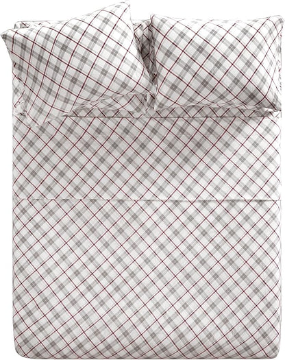 Comfort Spaces Cotton Flannel Breathable Warm Deep Pocket Sheets with Pillow Case Bedding, Cal King, Grey/Red Plaid 4 Piece - LeafyLoom