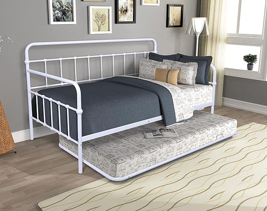 Twin Size Daybed W/Trundle,Metal Sofa Bed Frame with Heavy Duty Steel Slat Support,No Box Spring Needed,for Living Room Bedroom Guest Room,White - LeafyLoom