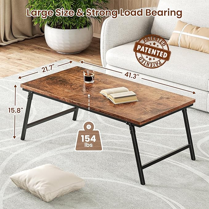 Folding Coffee Table, Leg Latches Portable Sturdy Floor Table Desk for Sitting on The Floor, No Assembly Low Coffee Table for Living Room, Home, Office, Rustic Brown, 41.34L×21.65W×15.75H - LeafyLoom