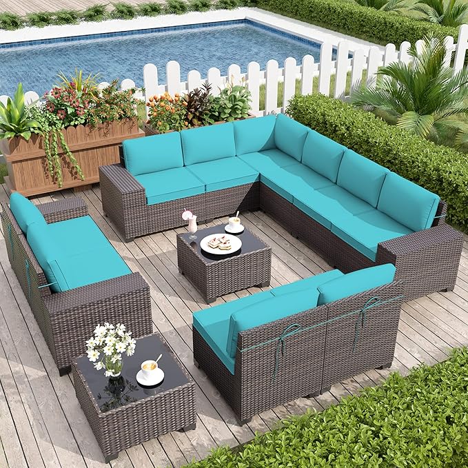 Patio Furniture Set Sofa 12-Pieces Wicker Sectional Sofa Set, Outdoor Furniture Rattan Patio Conversation Set with Thickened Cushions and Glass Coffee Table, Blue - LeafyLoom