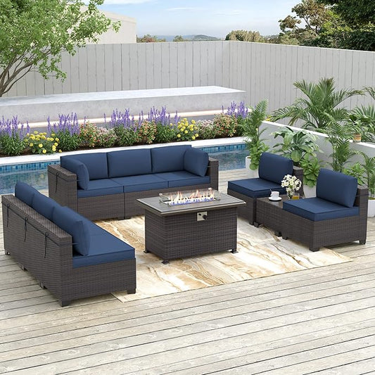 Patio Furniture Sectional Sofa 10PCS PE Rattan Patio Conversation Set w/43in Gas Fire Pit Table, Patio Outdoor Furniture with 55000 BTU Propane Fire Pit, Navy Blue - LeafyLoom