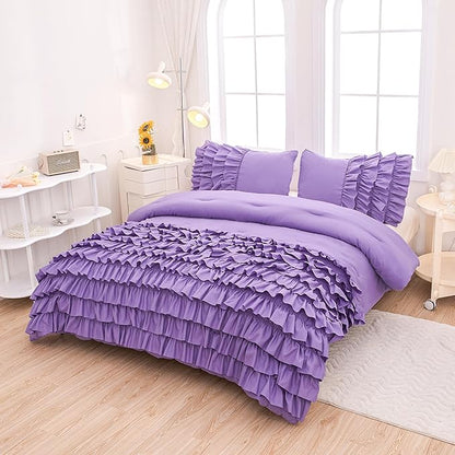 Girls Comforter Set Queen, Lavender Ruffle Bedding Set Queen, Purple Comforter Sets for Queen Size Bed with Sheets, Girls Queen Bedroom Comforter Set - LeafyLoom