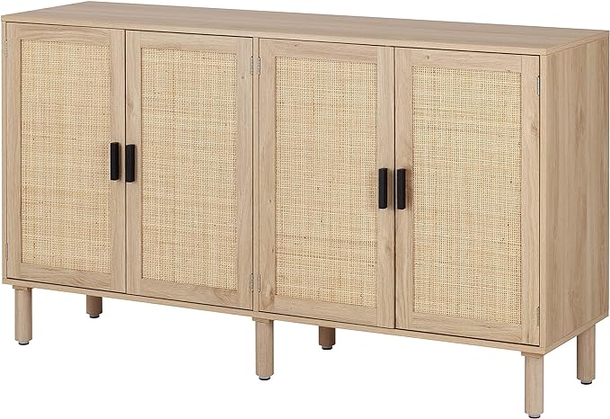 Finnhomy 4 Door Sideboard Buffet Cabinet, Kitchen Storage Cabinet with Rattan Decorated Doors, Cupboard Console Table, Boho Accent Liquor Cabinet, Bar Cabinet, 62.3X 15.7X 34.6 Inches, Natural - LeafyLoom